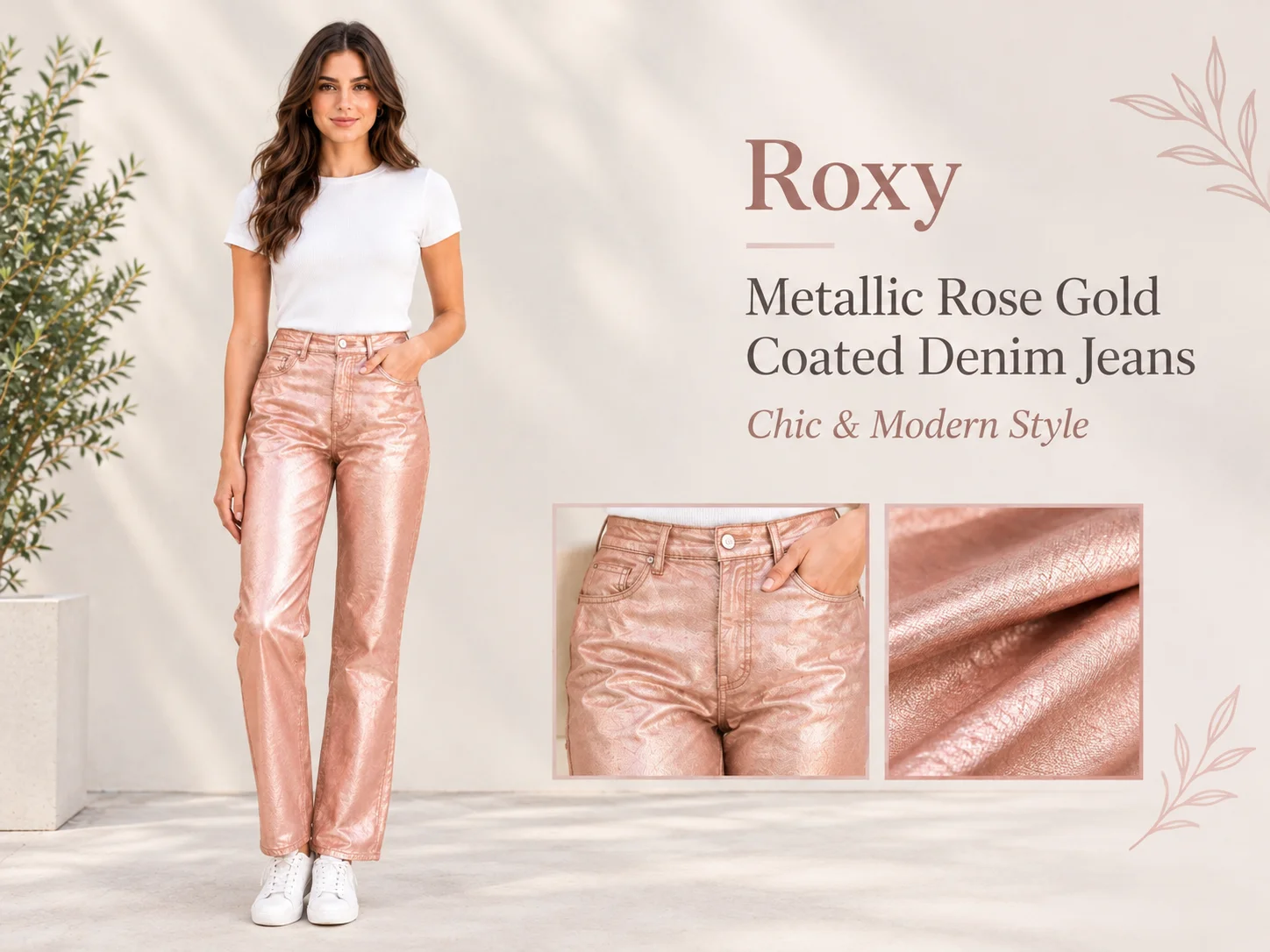 Roxy Metallic Rose Gold Coated Denim Jeans: Chic & Modern Style